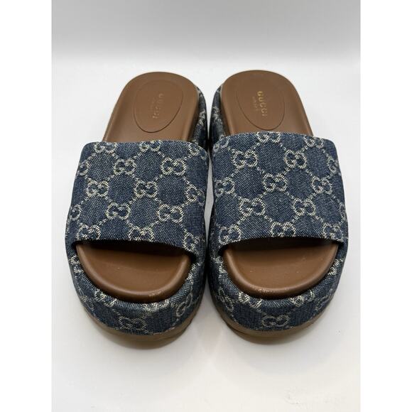 Gucci Cloth Mule Platform Blue Denim Monogram Sandals Size 35 US 5 MSRP $590 - Picture 3 of 9